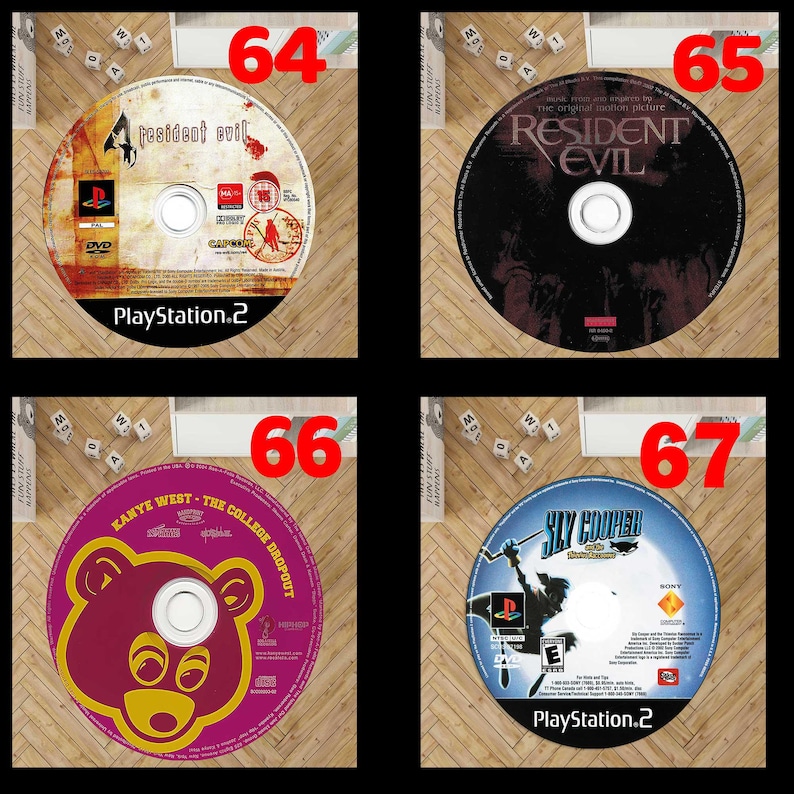 Pode incluir: Quatro discos de videojogos PlayStation 2. Os t&iacute;tulos incluem "Resident Evil", "Kanye West - The College Dropout" e "Sly Cooper". Os discos est&atilde;o dispostos numa superf&iacute;cie de madeira com pe&ccedil;as de Scrabble e uma prateleira branca no fundo.