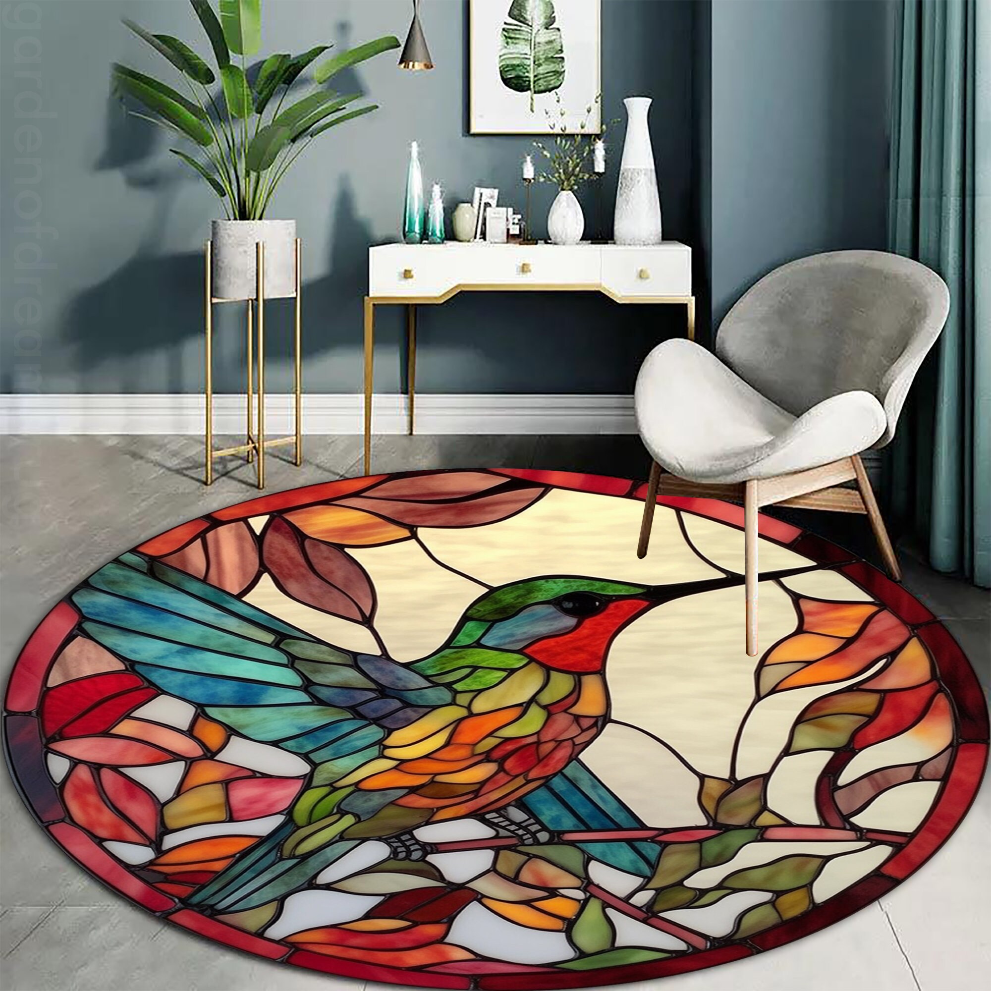 Round Hummingbird Rug Hummingbird Mosaic Rug: Colorful Polyester Round Carpet - Etsy