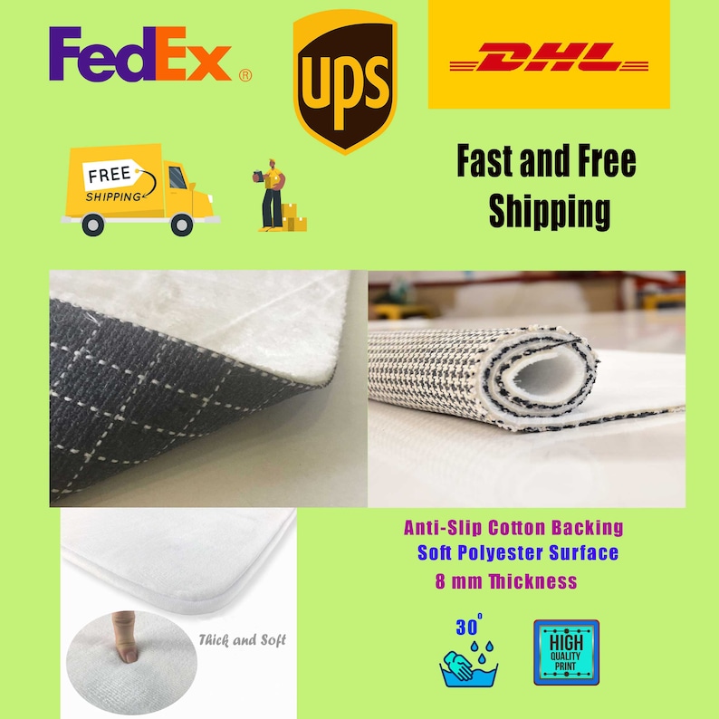 May include: A white bath mat with a black and white checkered pattern on the back. The mat is 8 mm thick and has a soft polyester surface. It is machine washable at 30 degrees Celsius. The mat is made with an anti-slip cotton backing.