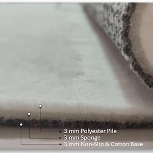 May include: Close-up of a rug's layered construction, showing a 3 mm polyester pile, 3 mm sponge, and a 3 mm non-slip cotton base.