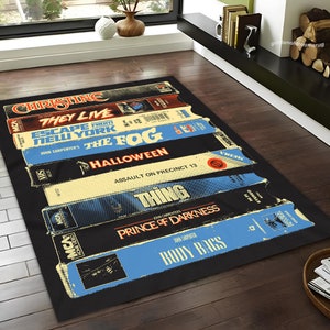 VHS Horror Movie Rug: Retro TV Room Decor, Non-Slip Polyester