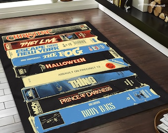 VHS Horror Movie Rug: Retro TV Room Decor, Non-Slip Polyester