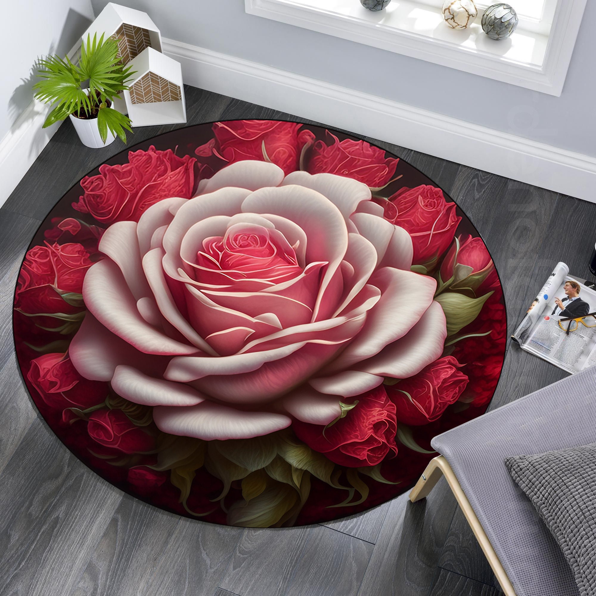 Rose Rug, Pink Roses Round Rug, Flowers Rug, Valentine's Day Rug, Home ...