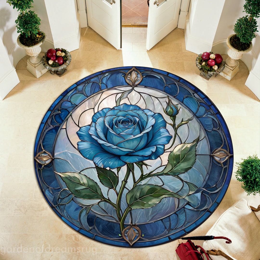 Rose Blue Rug Rose Rug, Blue Rose Round Rug, Flowers Rug, Valentine's Day Rug, Home ...