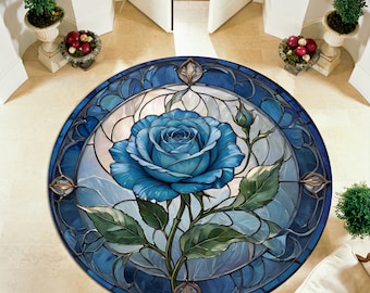 Blue Rose Round Rug: Floral Polyester Carpet, Non-Slip