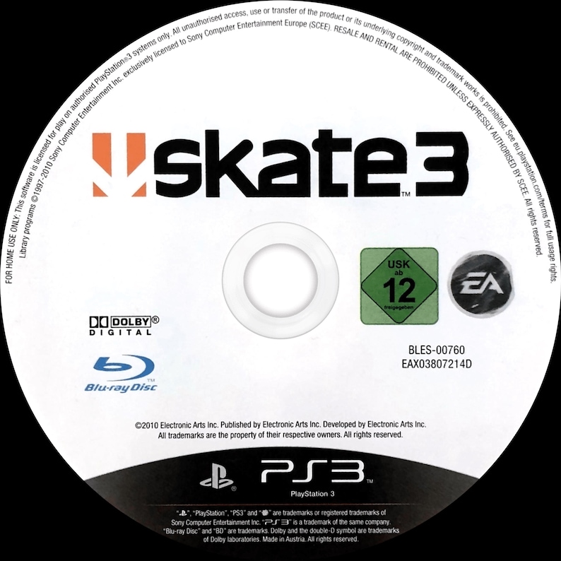 Pode incluir: Um disco de jogo branco para PlayStation 3 para Skate 3. O disco apresenta o logotipo do jogo em preto e laranja, juntamente com o logotipo Blu-ray Disc, o logotipo Dolby Digital e o logotipo EA. O disco tamb&eacute;m tem a classifica&ccedil;&atilde;o USK 12.