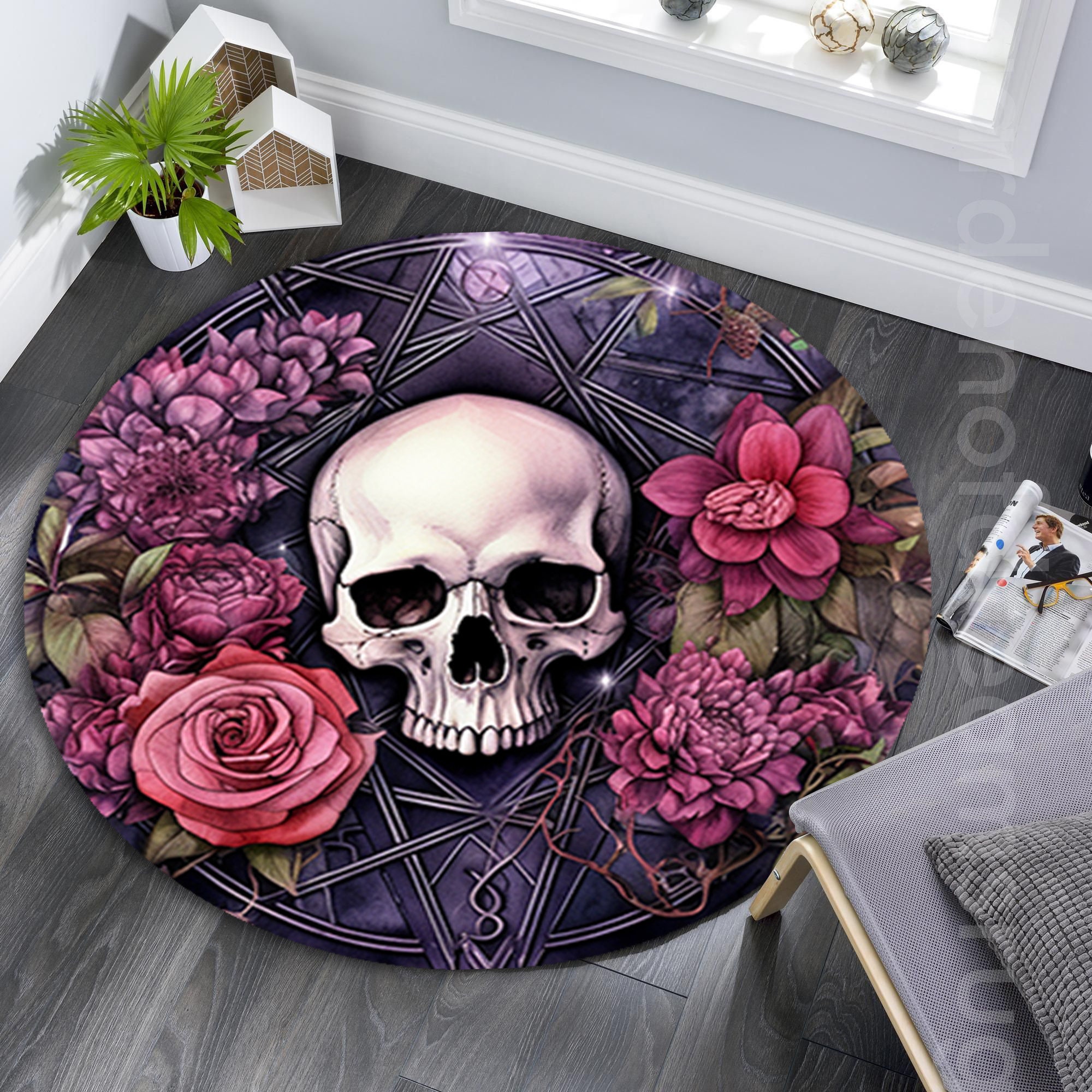 Skull Round Rug: Floral Pentagram, Gothic Home Decor - Etsy