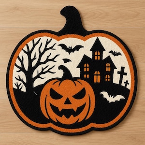 Könnte beinhalten: Ein Halloween-Teppich in Kürbisform. Er zeigt einen Kürbiskopf, ein Spukhaus, Fledermäuse und einen Baum in Schwarz, Orange und Weiß. Der Teppich ist für den Innenbereich konzipiert.
