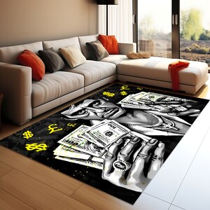 May include: Black and white illustration of a person holding stacks of money with dollar signs and the word "100" printed on the bills. The background is black with yellow dollar signs.