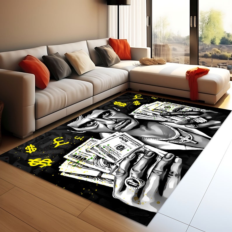 May include: Black and white illustration of a person holding stacks of money with dollar signs and the word "100" printed on the bills. The background is black with yellow dollar signs.
