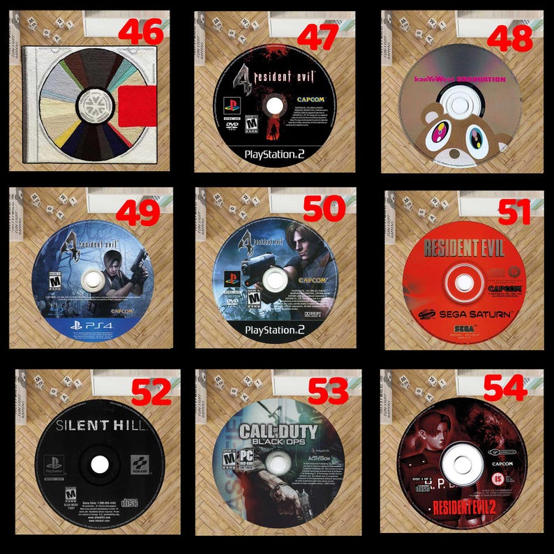 Pode incluir: Nove discos de videojogos, cada um numa capa protetora. Os t&iacute;tulos incluem "Resident Evil", "Silent Hill" e "Call of Duty: Black Ops". As plataformas incluem PlayStation 2, PS4 e Sega Saturn. Os discos s&atilde;o de v&aacute;rias cores.