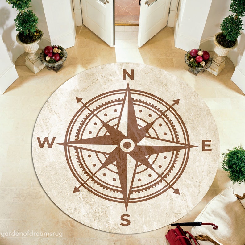 Compass Round Rug: Modern Art Style, Non-slip Polyester - Etsy