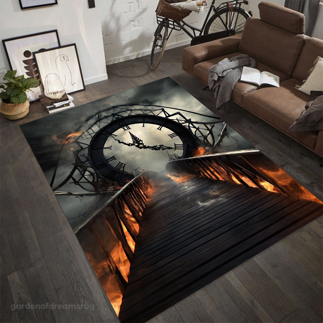 Fire Rug, Bridge Themed Rug, Clock Bridge Rug, Living Room Rug, Gift ...