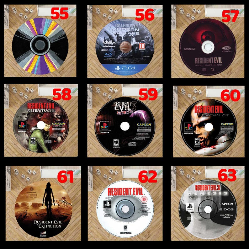 Pode incluir: Uma cole&ccedil;&atilde;o de discos de videojogos com t&iacute;tulos da s&eacute;rie Resident Evil e "Call of Duty: Modern Warfare". Os discos apresentam gr&aacute;ficos e t&iacute;tulos de jogos variados.