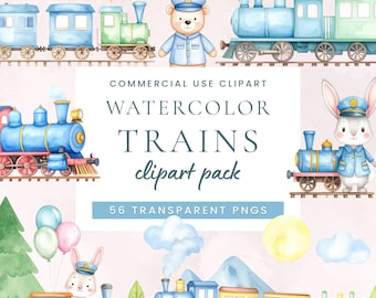 Watercolor Train Clipart Pack Digital Download for Kids Projects Trains Tracks Blue & Green Nursery Decor Scene Creator Baby Shower Decor