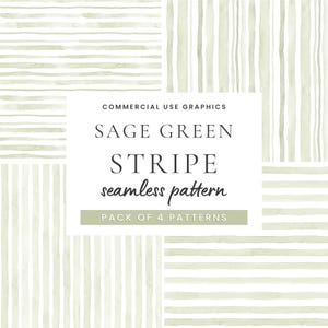 May include: Sage green stripe seamless pattern pack of 4 graphics. The image features four different variations of a watercolor stripe design. The text in the center reads "Sage Green Stripe seamless pattern" and "Commercial Use Graphics".