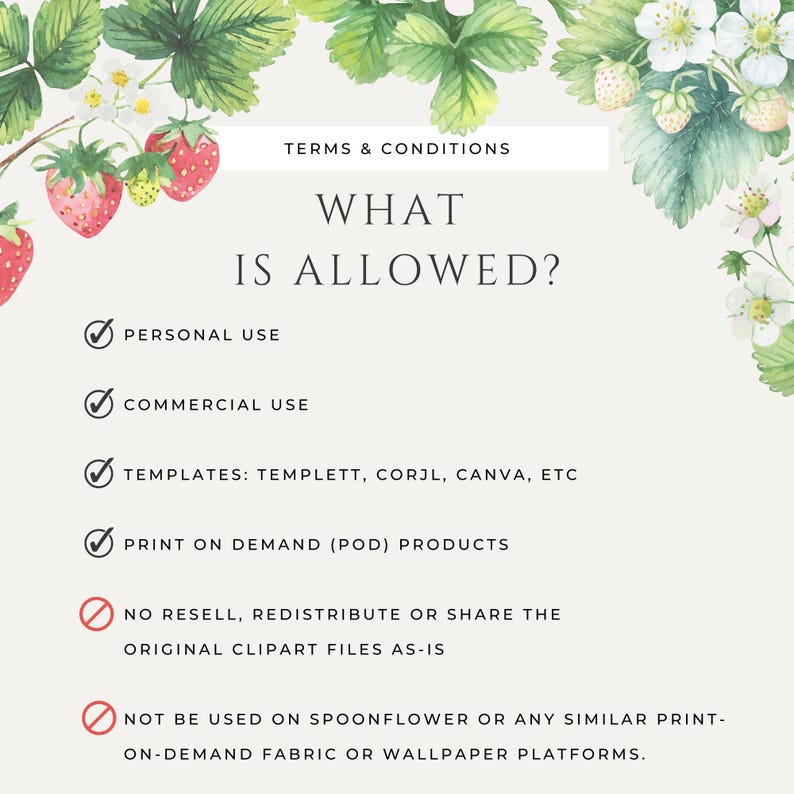 May include: A digital art graphic with watercolor strawberries and blossoms. The text reads "Terms & Conditions" and "What Is Allowed?" with bullet points for personal and commercial use, templates, and print-on-demand products. Restrictions are also listed.