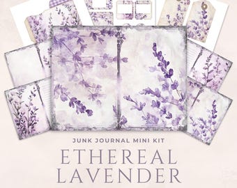 May include: A junk journal mini kit with a lavender theme. The kit includes various paper elements such as tags, envelopes, and journal pages. The design features watercolor lavender sprigs in shades of purple and white. The text on the image reads "Ethereal Lavender" and "Includes 26 Items."