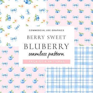 May include: A collection of four seamless patterns featuring blueberries, bows, and floral elements. The patterns include a pink background with blueberries and bows, a blue plaid design, and a white background with blueberries and bows. Text reads "Berry Sweet Blueberry seamless pattern".
