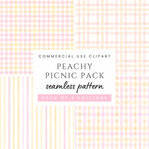 Peut inclure: Un ensemble d'art numérique avec quatre motifs sans couture dans une palette de couleurs pêche. Les motifs comprennent des carreaux vichy et des rayures verticales en rose, jaune et blanc. Le texte sur l'image indique "PEACHY PICNIC PACK seamless pattern PACK OF 4 PATTERNS".
