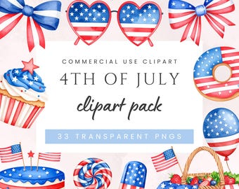 Clipart do 4 de Julho EUA Patriótico Aquarela Adesivos Digitais Dia da Independência Vermelho Branco Azul PNGs Para Celebrações Uso Comercial Gráficos