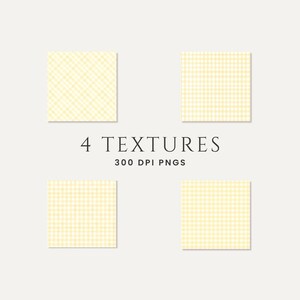 May include: Four square digital textures in a soft yellow color, each with a different pattern. The patterns include gingham and diagonal lines. The text "4 TEXTURES 300 DPI PNGS" is displayed in black font.