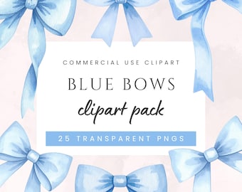 Blue Bow Watercolor Clipart PNG Pastel Blue Preppy Ribbon Bow Baby Shower Decoration Commercial Use Nursery Art Graphics Instant Download