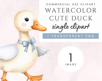May include: A watercolor illustration of a cute white duck with a blue bow tie. The duck is walking and looking to the right. The image is labeled "Watercolor Cute Duck single clipart 1 Transparent PNG".