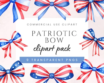 Patriotic Coquette Bow Watercolor Clipart Red White Blue 4th of July Ribbons PNG Independence Day Stars & Stripes Instant Download