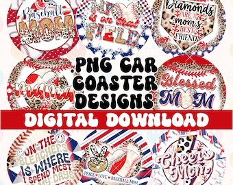 Posavasos de coche «Mamá beisbolera» en formato PNG, diseño para sublimación, paquete de 9 archivos PNG redondos para posavasos de coche, llaveros, pegatinas y artículos decorativos.