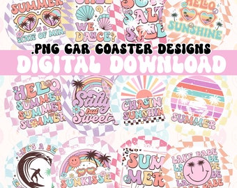 Summer Car Coaster PNG, Sublimation Design, Coaster Bundle of 12 Round PNG Files for Car Coasters, Keychains, Stickers, Freshies