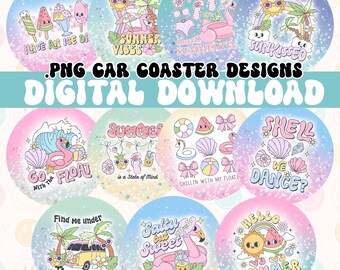 Glitter Summer Car Coaster PNG, Sublimation Design, Coaster Bundle of 11 Round PNG Files for Car Coasters, Keychains, Stickers, Freshies