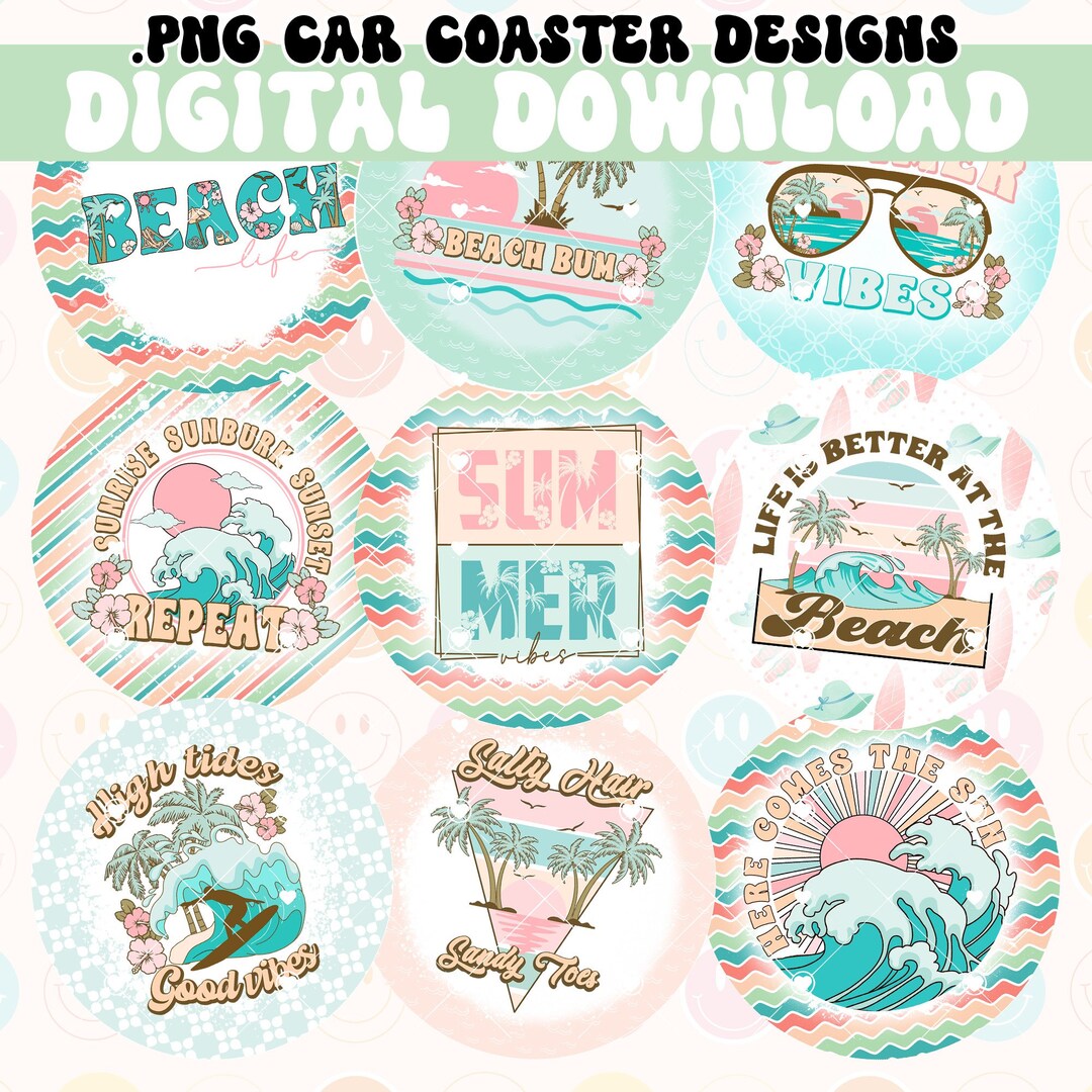 Retro Summer Car Coaster PNG, Sublimation Design, Coaster Bundle of 9 ...