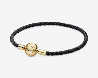 パンドラ純正編み込みレザーTバーブレスレット - 22 cm / 8.6インチ