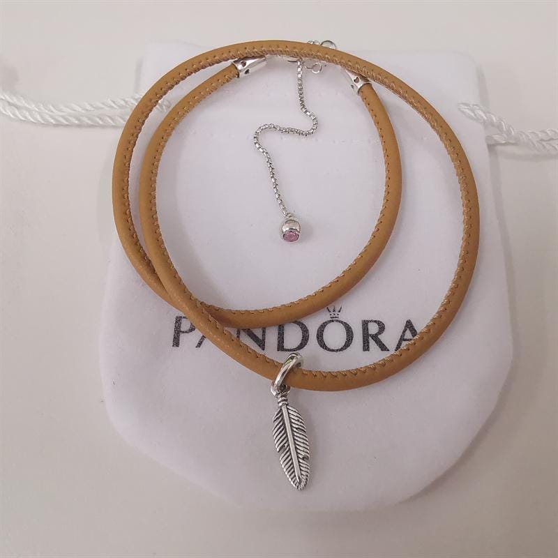 Pandora Tan Leather Feather Choker Necklace S925 Ale