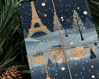 Eiffel Tower Wrapping Paper, Twinkling Lights and Silvery Accents on Muted Winter Sky, Festive Parisian Gift Wrap