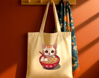 Anime Tote Bag | Cute Kawaii Cat Ramen bowl | Japanese Cat in Noodle Bowl | Canvas Tote | Anime Cat Lover Gift | Natural or Black Bag