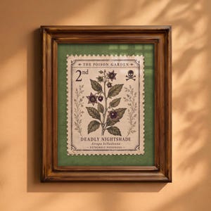 May include: A framed print featuring a postage stamp design titled The Poison Garden. The stamp depicts a Deadly Nightshade plant with dark berries, a skull and crossbones icon, and the text 2nd, Atropa belladonna, and EXTREMELY POISONOUS.