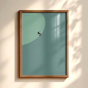 Surfing Print, Minimalist Coastal Wall Art, Ocean Wave Surfer Artwork, Modern Beach House Decor, Teal Aesthetic Poster, Surfing Wall Art A3