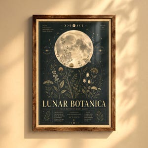 Celestial Botanical Moon Wall Art | Lunar Botanica Print | Vintage Moon Phase Poster | Dark Academia Decor, Mystic Chart, Night Sky Artwork