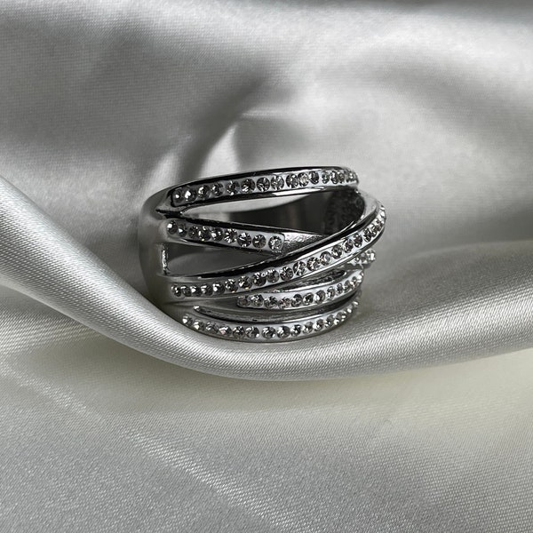 Stainless Steel Shiny CZ Diamond Multi Row Ring Eternity Wedding Bridal Jewelry Gifts