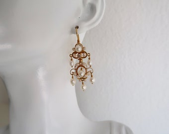 14K Gold and Real Pearls Chandelier Earrings White Enamel and White Sapphire