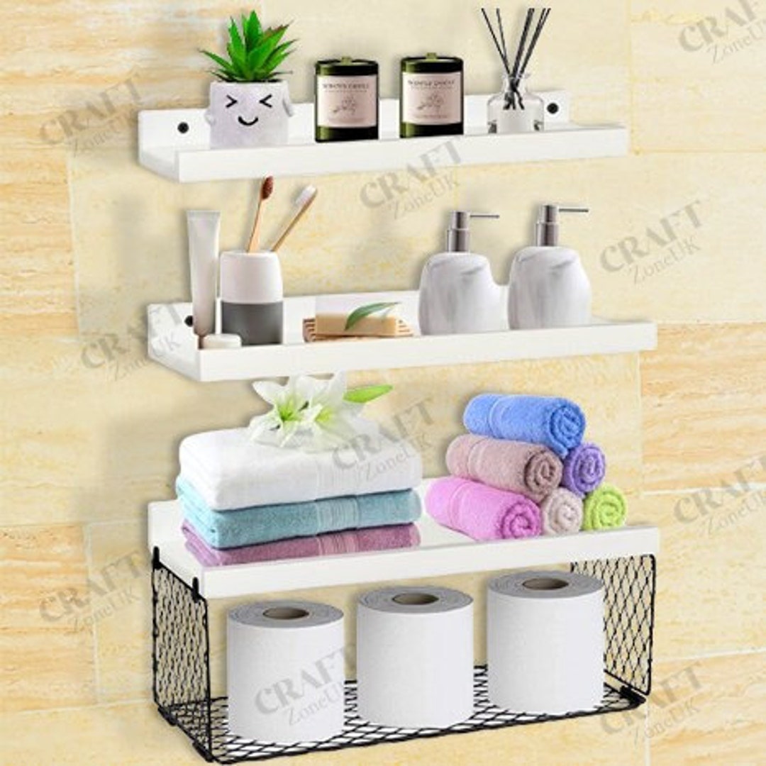Set of 3 Wooden Bathroom Shelves With Basket Storage Wall Shelves Over ...
