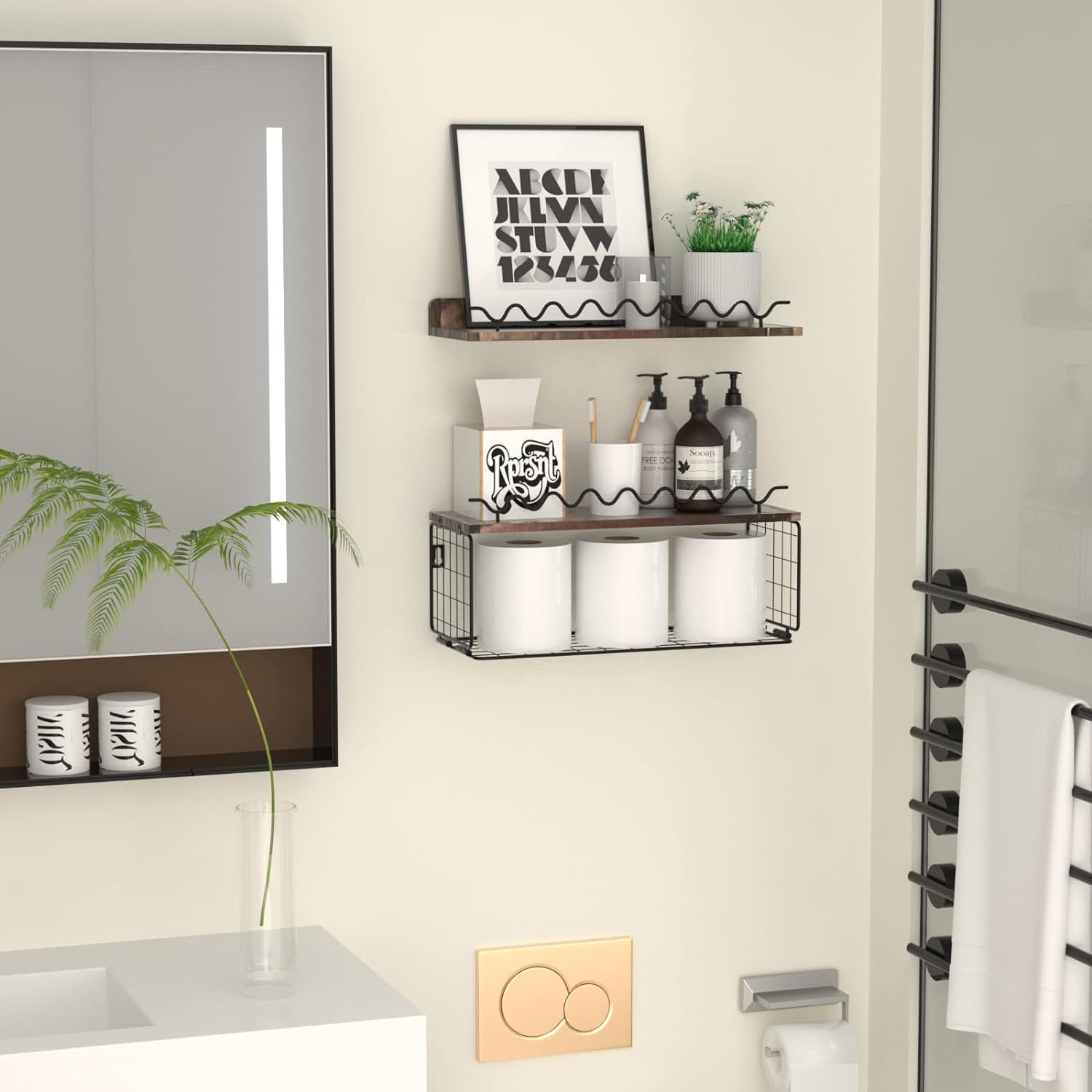 Set of 2 Wooden Bathroom Wall Shelves With Basket Floating Etsy