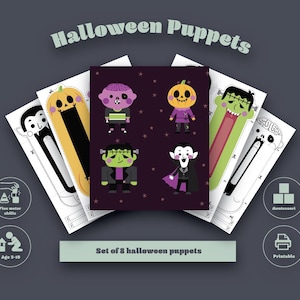 May include: A set of eight Halloween-themed puppets, featuring characters like a vampire, Frankenstein's monster, and a pumpkin. The puppets are designed with a cartoon style and are suitable for ages 2-10. The image includes the text "Halloween Puppets" and "Set of 8 halloween puppets."