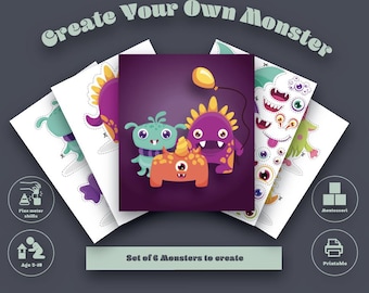 May include: A set of six printable monster designs for children. The image features colorful cartoon monsters with various features, including horns, eyes, and a balloon. Text on the image reads "Create Your Own Monster" and "Set of 6 Monsters to create."