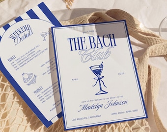 Modello di invito e itinerario per l'addio al nubilato del Bach Club Invito all'addio al nubilato in spiaggia Ultimo brindisi sulla costa Itinerario per l'addio al nubilato
