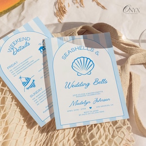 Seashells and Wedding Bells Bachelorette Party Invitation Itinerary Template Coastal Beach Bachelorette Party Invitation Weekend Itinerary