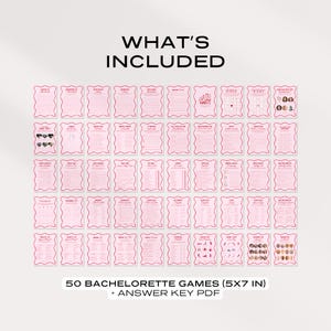K&ouml;nnte beinhalten: F&uuml;nfzig druckbare Bachelorette-Partyspiele in Pink mit roten R&auml;ndern. Die Spiele sind 5x7 Zoll gro&szlig; und beinhalten eine PDF-Datei mit den L&ouml;sungen.