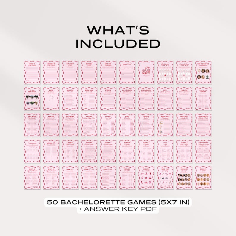 K&ouml;nnte beinhalten: F&uuml;nfzig druckbare Bachelorette-Partyspiele in Pink mit roten R&auml;ndern. Die Spiele sind 5x7 Zoll gro&szlig; und beinhalten eine PDF-Datei mit den L&ouml;sungen.